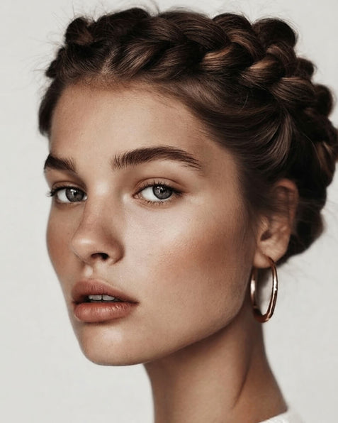 Woman with braided hair wearing gold hoop earrings on a plain background