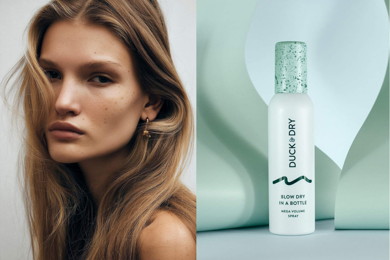Duck & Dry best-selling hair products collection featuring a model and the signature Blow Dry spray