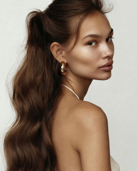 Woman with long wavy hair styled in a high ponytail on a plain background