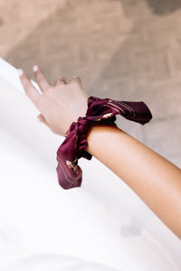 Silk Scrunchie With Bow - Burgundy