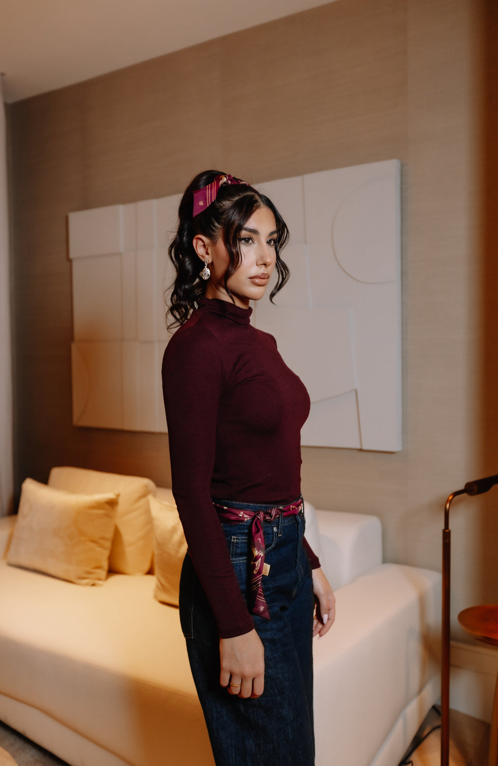 Silk Scrunchie With Bow - Burgundy