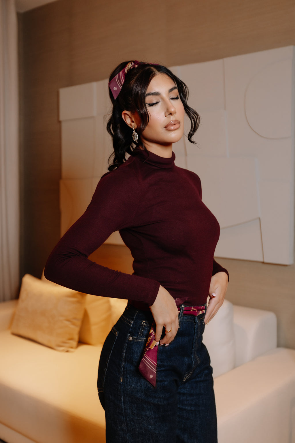 Silk Scrunchie With Bow - Burgundy
