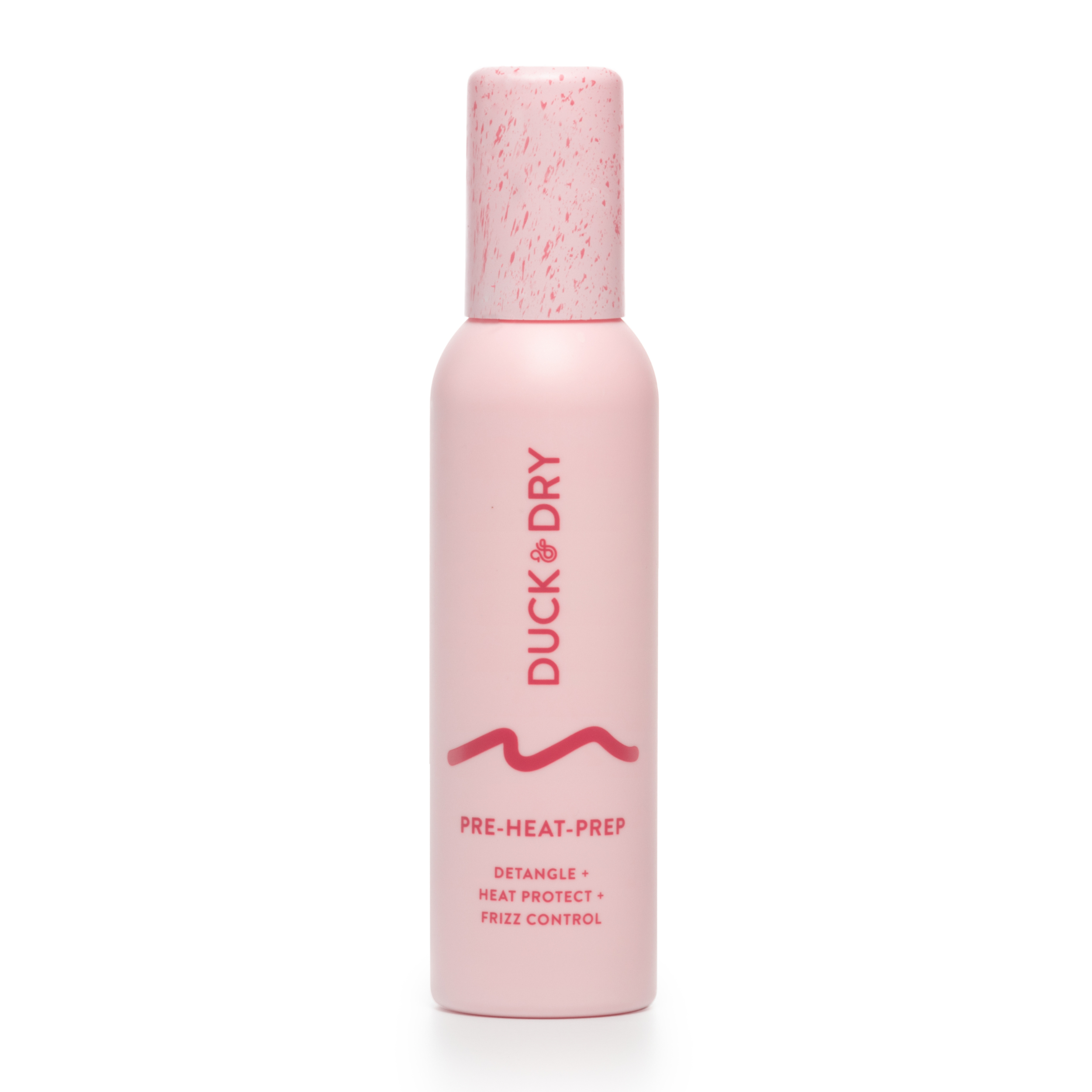Pink bottle of Duck Dry pre-heat prep product on a white background