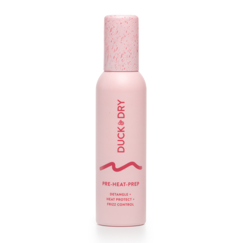 Pink bottle of Duck Dry pre-heat prep product on a white background
