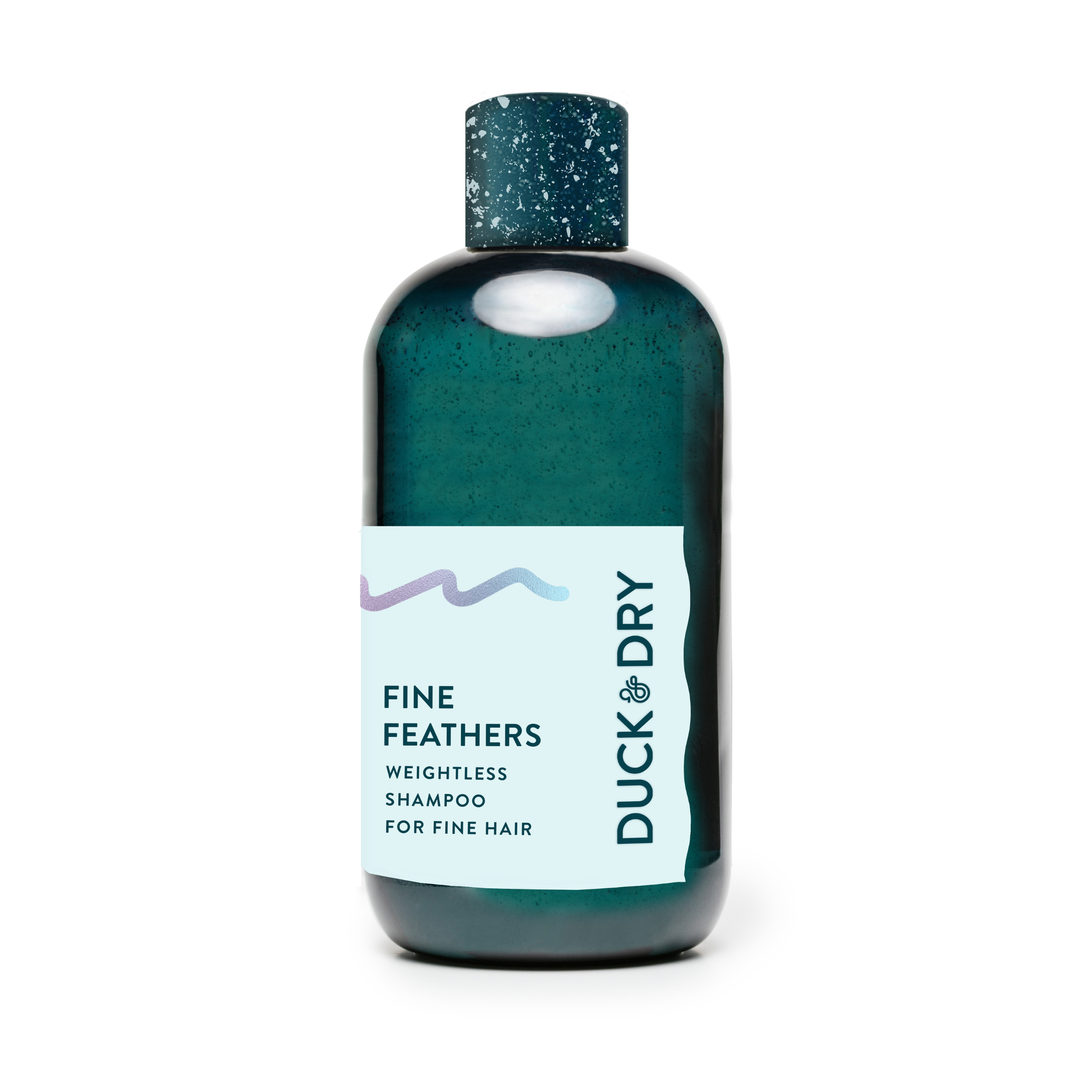 Bottle of Duck & Dry Fine Feathers Weightless Shampoo on a white background