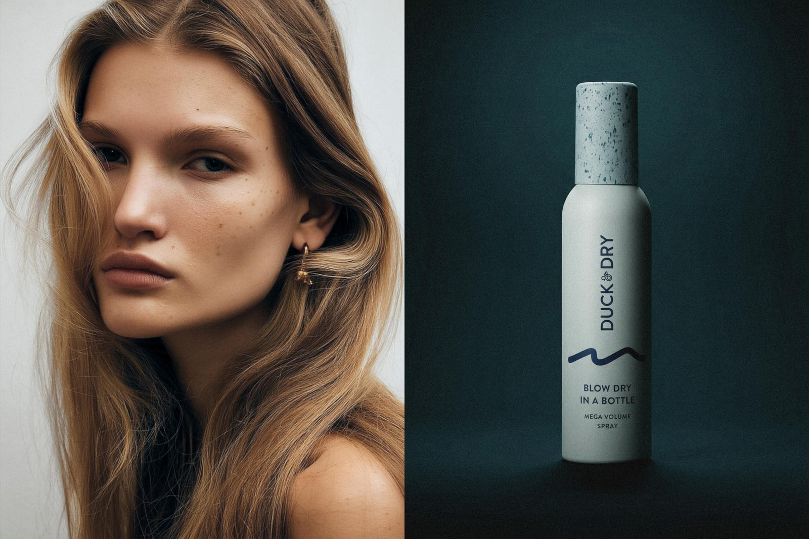 Duck & Dry best-selling hair products collection featuring a model and the signature Blow Dry spray