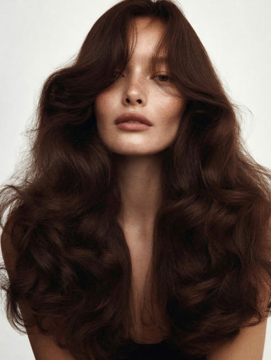 Woman with long, wavy brown hair blow dry on a plain background