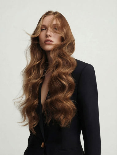 Woman with long wavy blow dry wearing a black outfit on a plain background