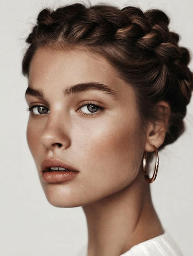 Woman with braided hair wearing gold hoop earrings on a plain background