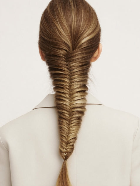 Woman with a fishtail braid hairstyle on a plain background