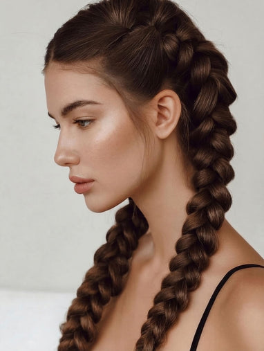 Woman with braided hair on a plain background