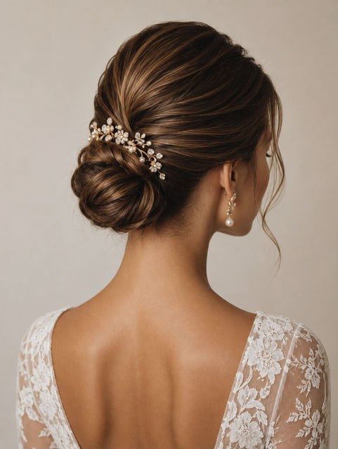 Bridal low bun hairstyle with a gold and pearl hair piece, worn with a lace open-back dress and pearl earrings.