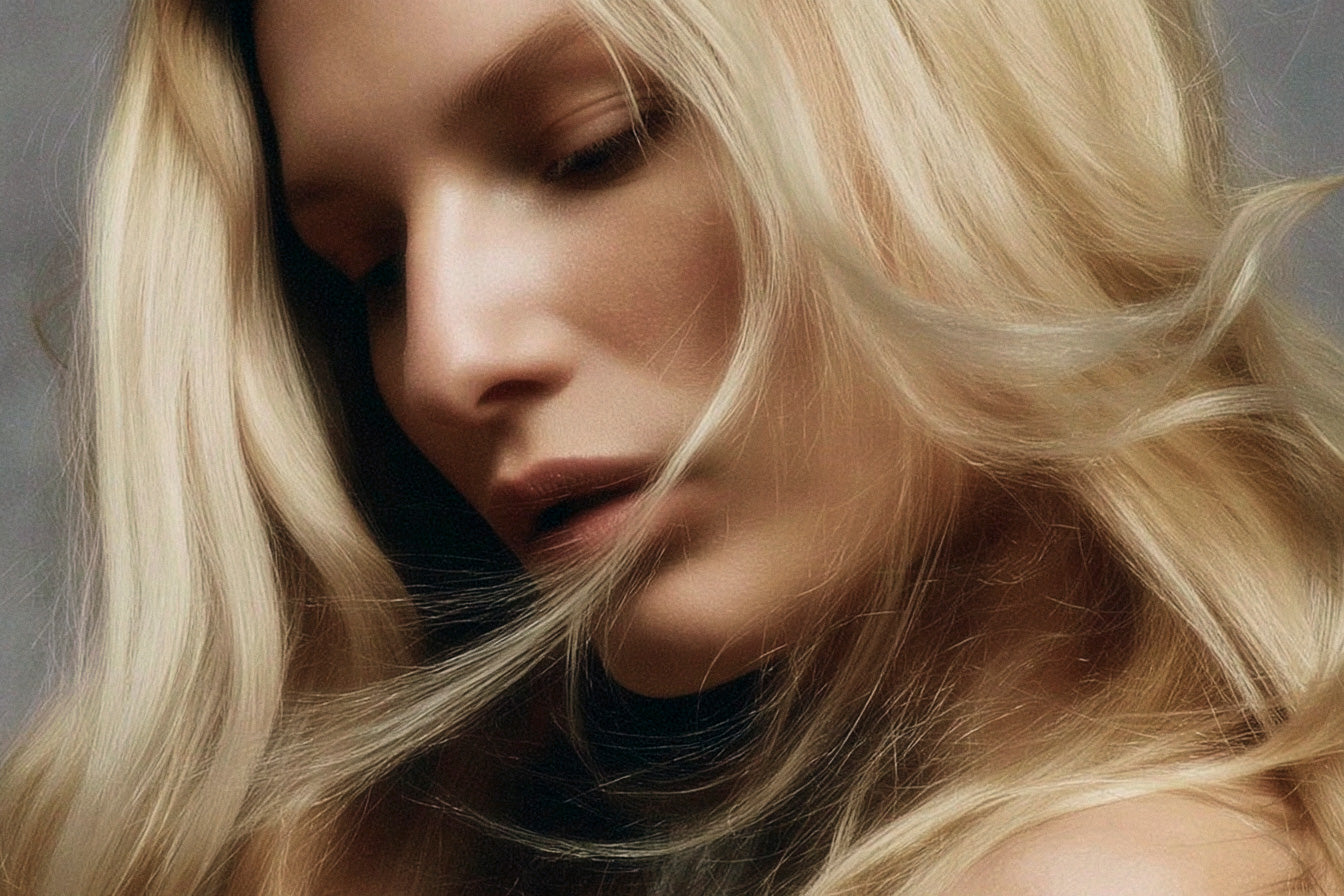 Close-up of a woman with blonde hair against a neutral background