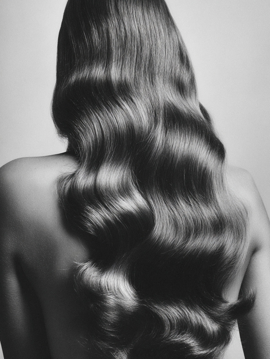 Black and white photo of a person with wavy hair