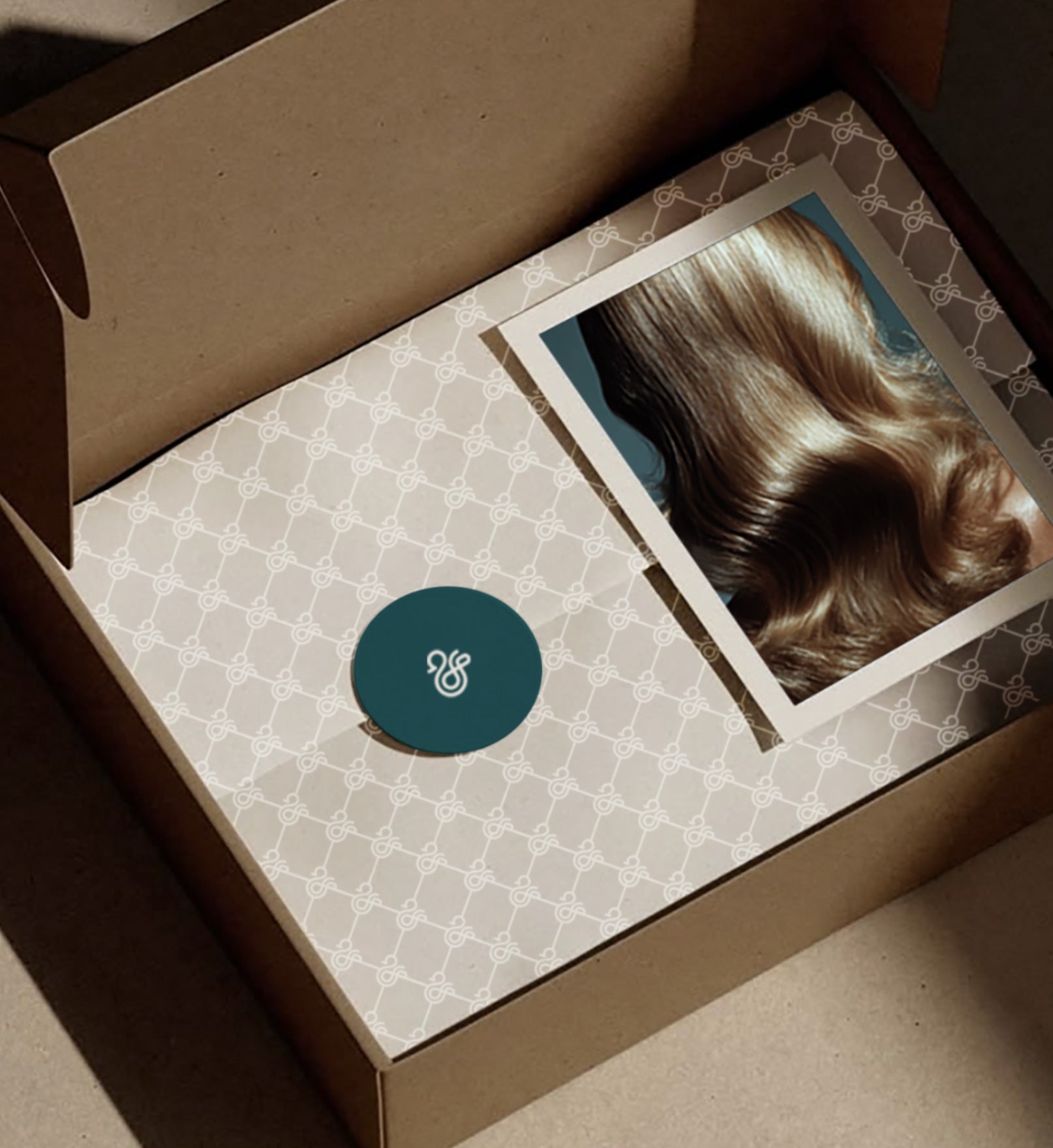 Open box with a patterned interior, featuring a circular logo and a photo of hair.