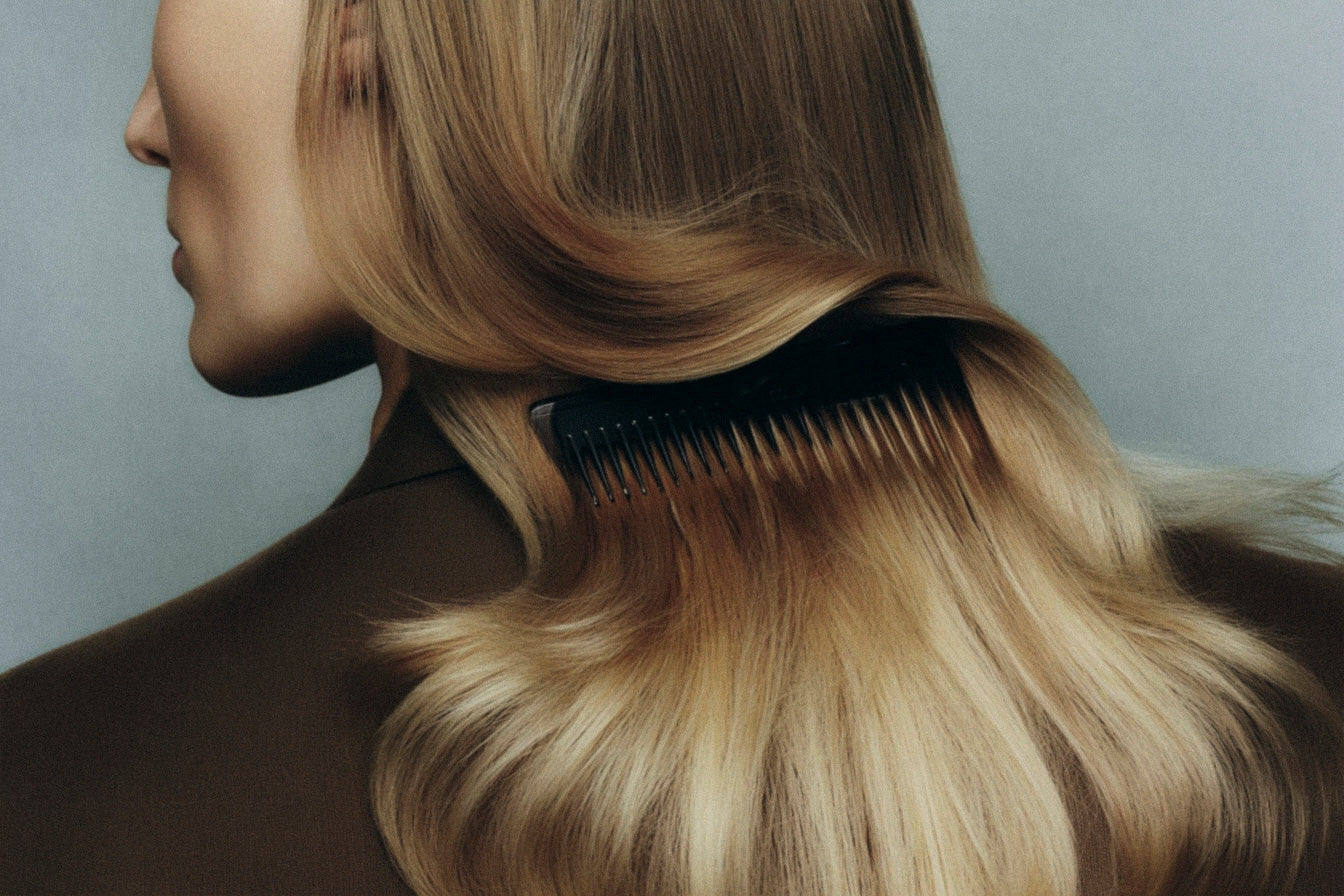 Person with long blonde hair being styled with a comb against a neutral background