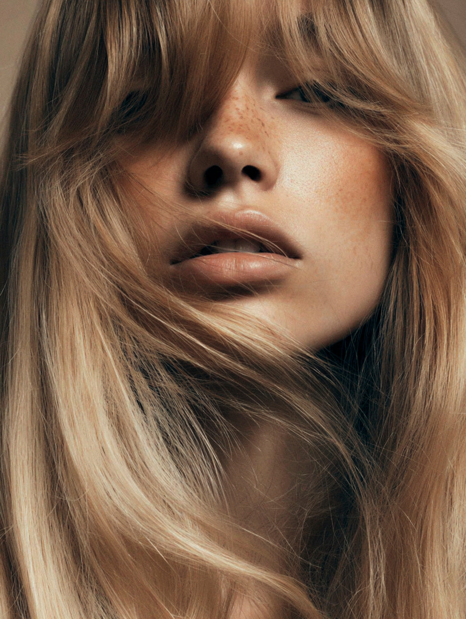 Close-up of a person with long blonde hair