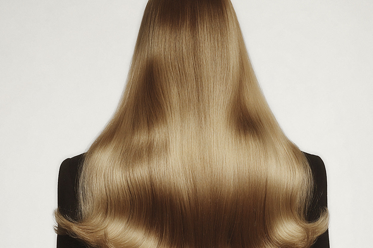 Long, straight blonde hair on a plain background
