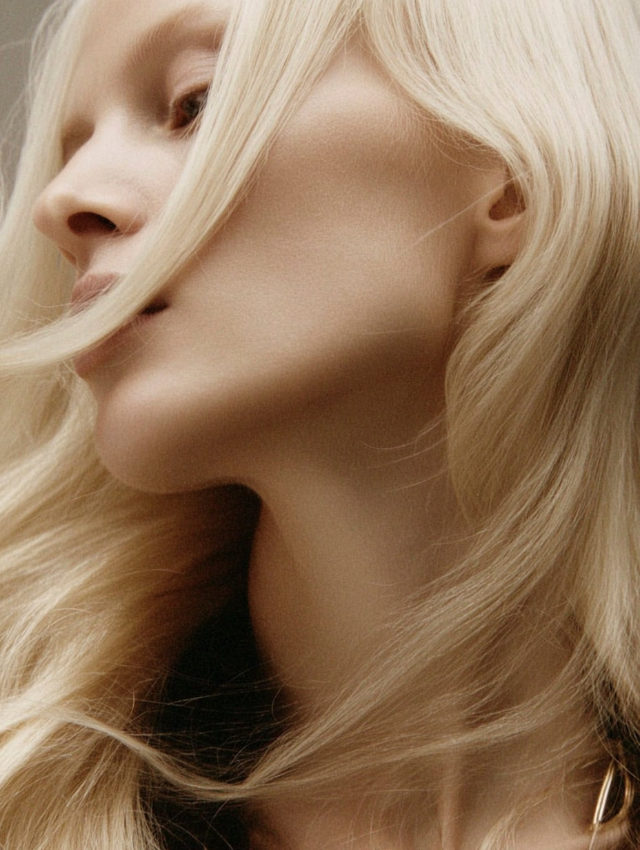 Close-up of a person with blonde hair, focusing on the hair texture and color.