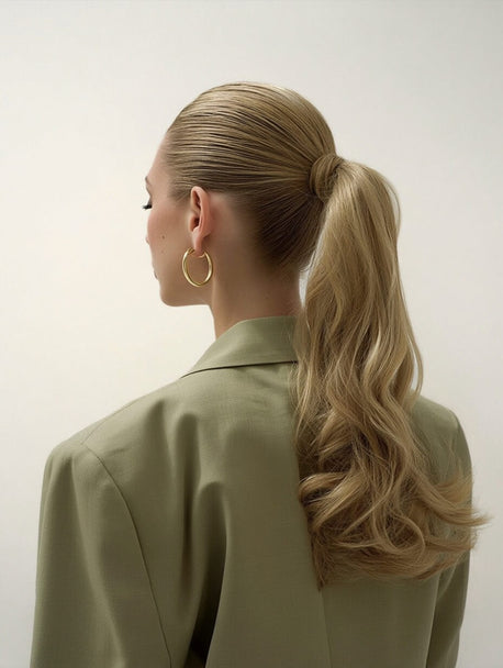 Woman with styled hair in a ponytail updo wearing a green jacket on a plain background