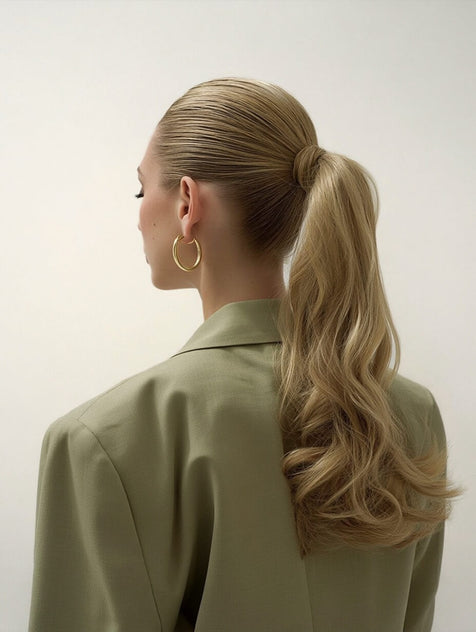 Woman with styled hair in a ponytail updo wearing a green jacket on a plain background