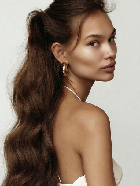 Woman with long wavy hair styled in a high ponytail on a plain background