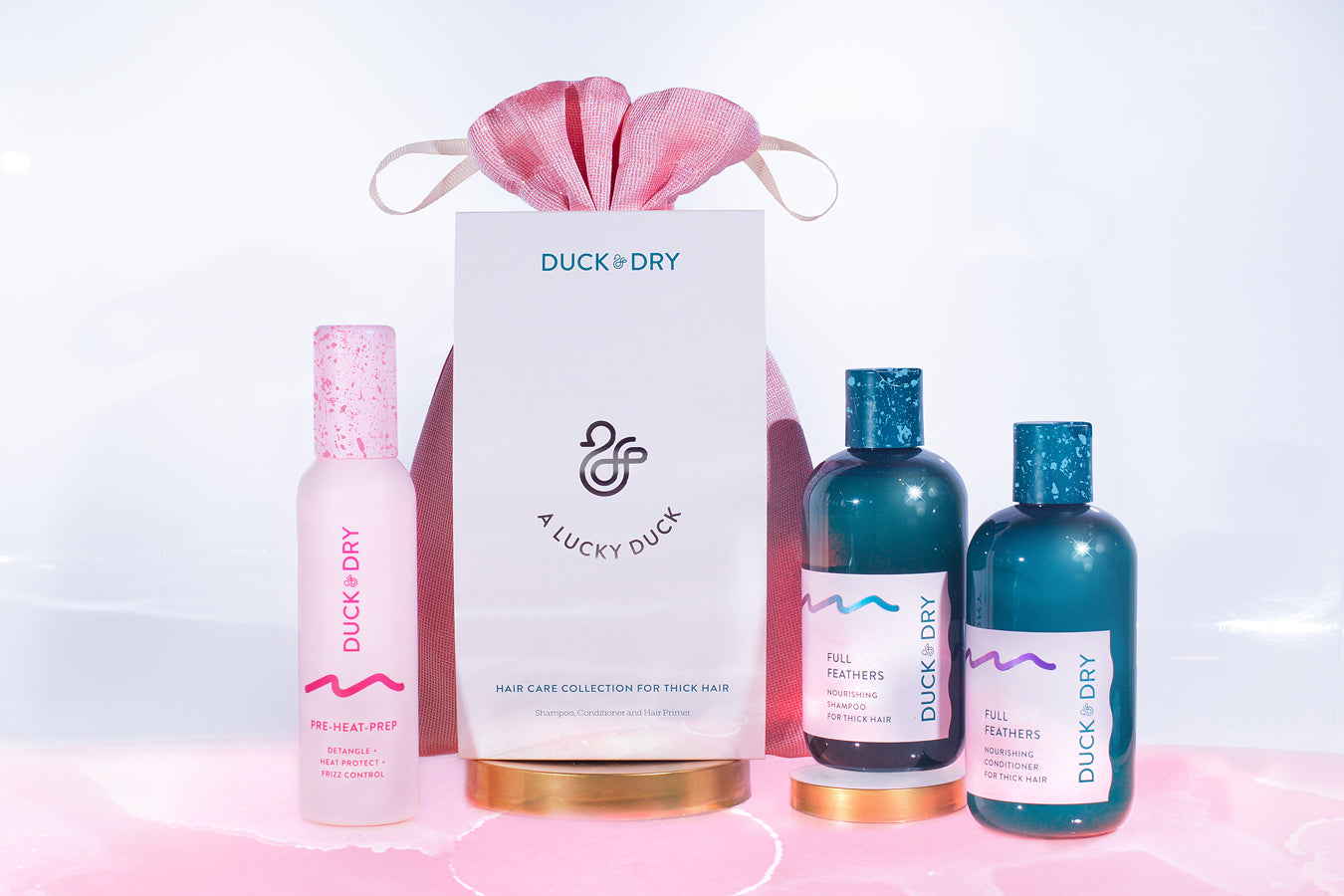 DUCK AND DRY HAIRCARE GIFT SET FOR THICK HAIR FULL FEATHERS COLLECTION SHAMPOO CONDITIONER PRE-HEAT-PREP HAIR PRIMER SET